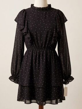 HYFVE Black Polka Dot Ruffle Tiered Long-Sleeve Dress